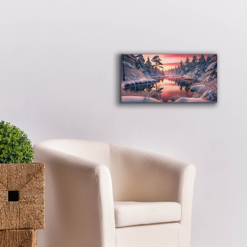 «Winter Forest Lake Sunrise» par Rey Klimt, art mural, H 12 po x l 24 po