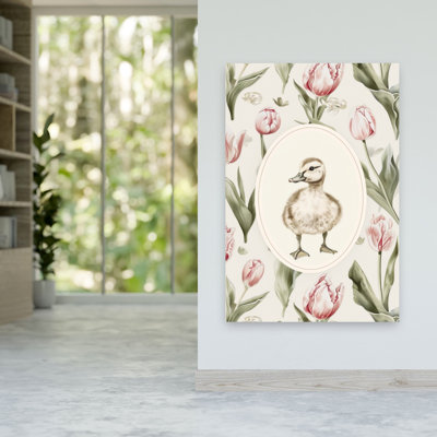 «Spring Duckling Tulips Delicate Vintage Bird Duck Tulip Flower Nature», reproduction d'art murale
