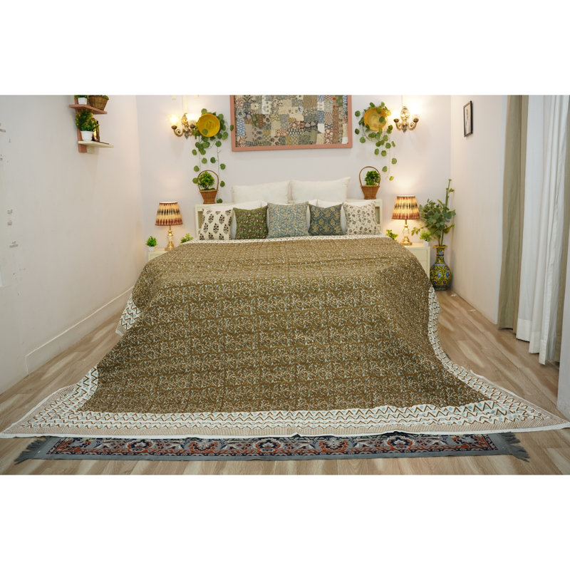 Literie bohème de luxe à motif floral en tissu imprimé Fab Fabine pour chambre et canapé, Vert / Jaune