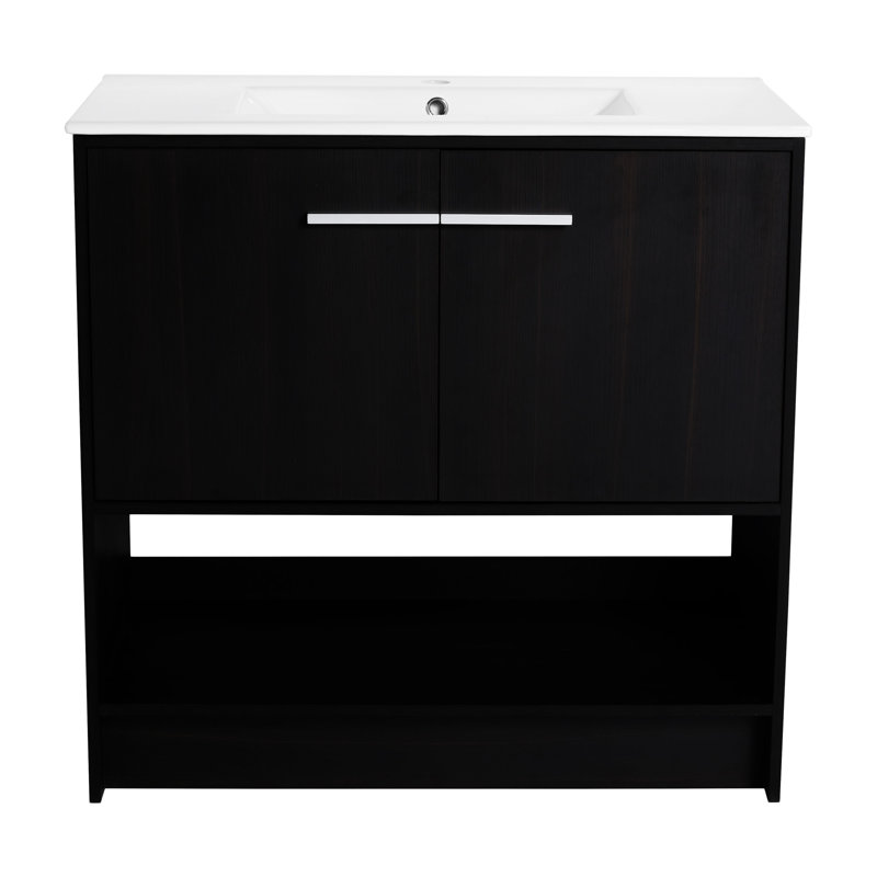 Meuble-lavabo 36 po avec lavabo en céramique, Chêne foncé, Argent argent