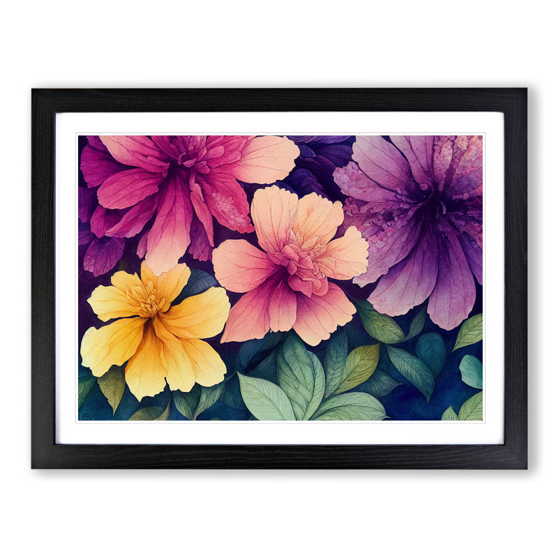 Watercolour Flowers - Single Picture Frame Print, Black Framed, 46cm H x 64cm W x 2cm D