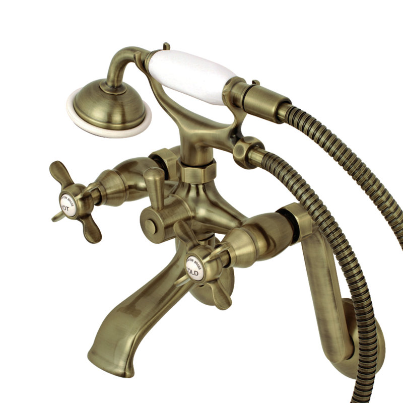 Kingston Brass Kingston Three-Handle 2-Hole Tub Wall Mount Clawfoot Tub Faucet with Hand Shower, Light Antique Brass/White
