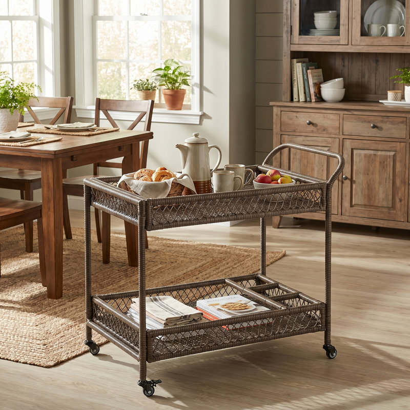 Ashen Modern Coastal PE Wicker Outdoor Rolling Bar Cart with Bottle Rack & Locking Casters, Dark Brown