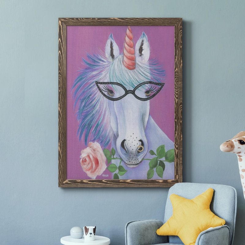 Licorne III - peinture sur toile encadrée, Encadré de bois de noyer, H 44 po x l 31 po x P 1 po
