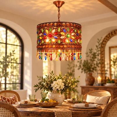 Suspension cylindrique en cuivre antique à 3 lumières avec accents de cristal colorés pour salle à manger, chambre et entrée