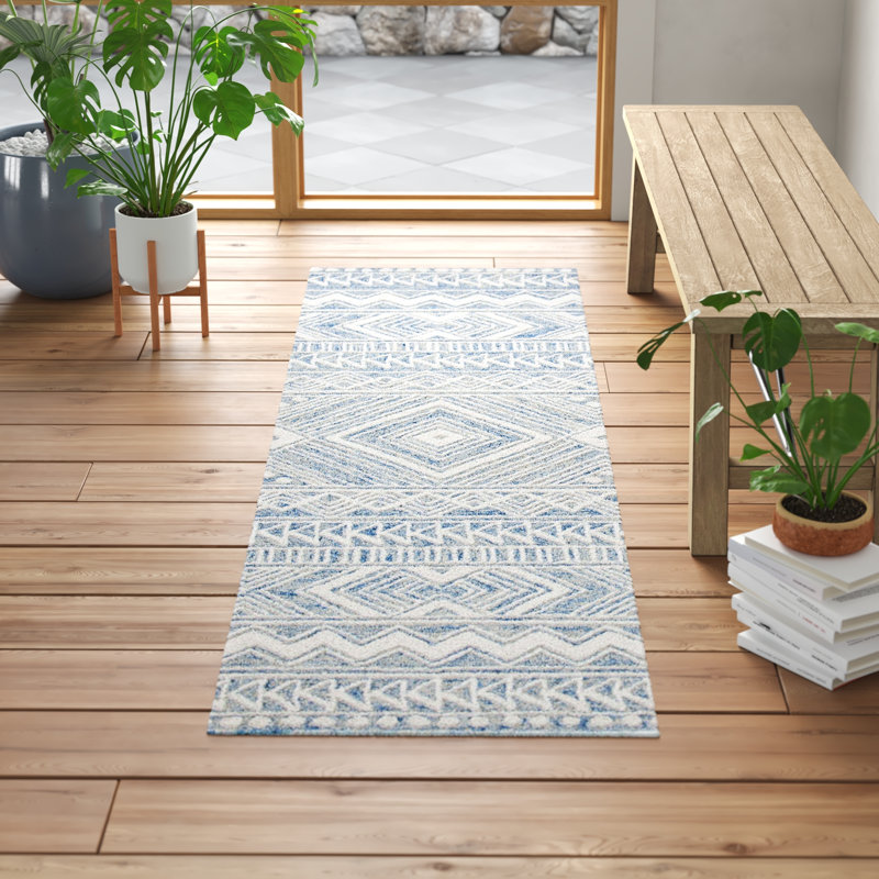 Kyndall Southwestern Handmade Tufted Wool Blue/Ivory Area Rug, Runner 2'3" x 8'
