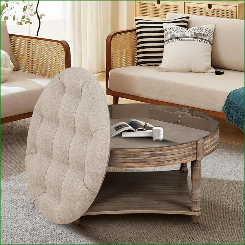 Table basse avec repose-pieds, rangement surdimensionné à 2 niveaux avec tablette en bois, repose-pieds capitonné en lin imperméable | Noyer brun | Cadre en bois massif