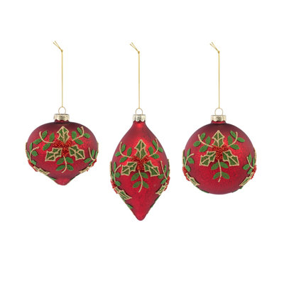 Ornements de Noël en verre, houx rouge et baies, 3 formes assorties