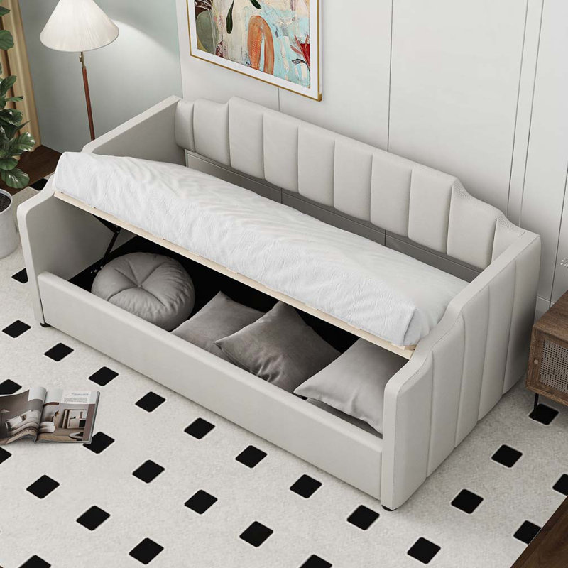Lit de jour rembourré avec rangement inférieur, Beige, Lit simple