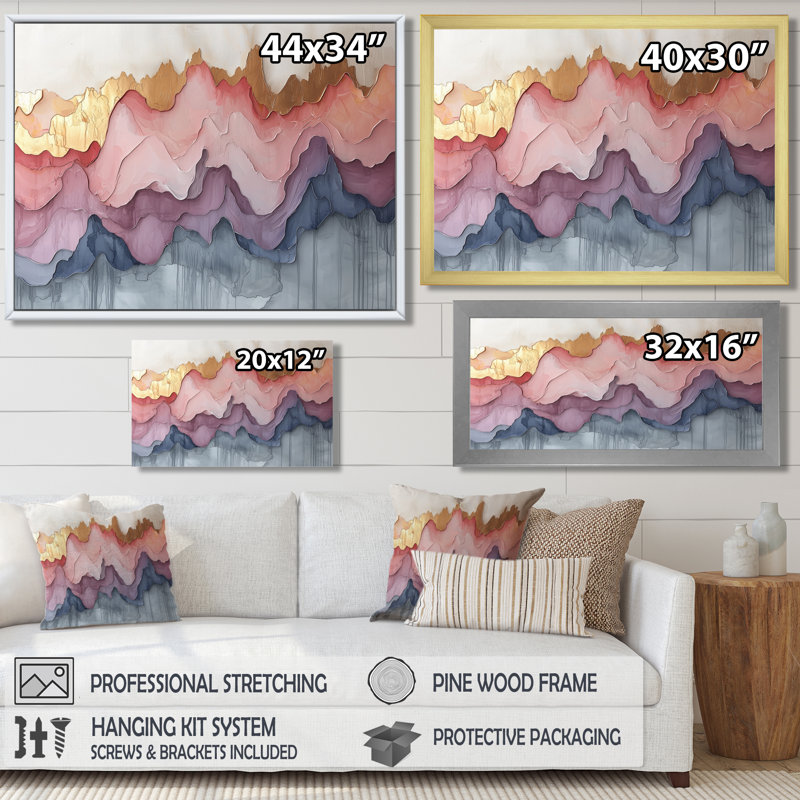 «Abstract Gold and Pink Ink River», art mural abstrait à encre liquide abstraite, H 12 po x l 20 po, Cadre simple, Noir