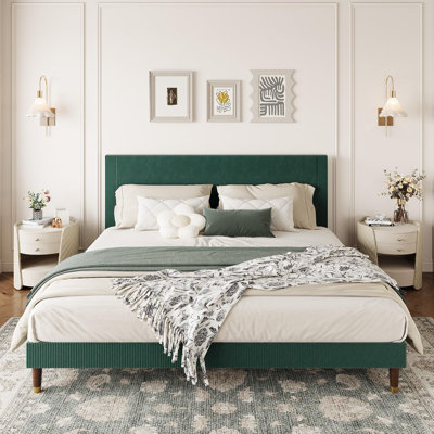 Base de lit plateforme tapissier, tête de lit en tissu et lattes en bois