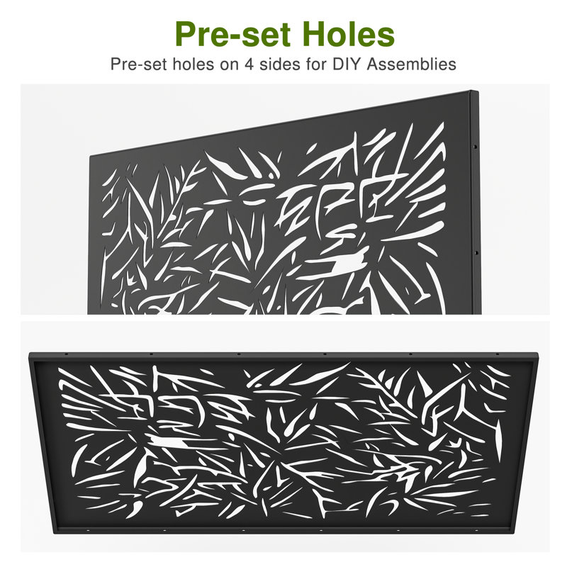 6ft. H × 4 ft. W Metal Privacy Screen Fence Panel Bamboo Leave Pattern, Black