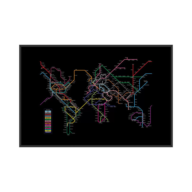 World Map Series: Metro Tube Schéma sur fond noir, impression sur toile tendue, H 18 po x l 26 po x P 1,5 po, Pas de tapis