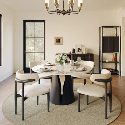 Modern 5/7 Pieces Dining Room Sets, Pre-Assembly Rectangular Dining Table Sets, Sintered Stone Tabletop Kitchen Dining Table Set With Upholstered Chai
