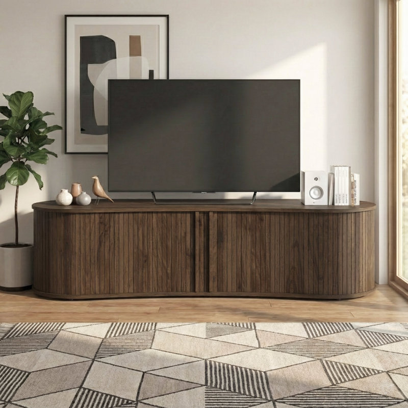 Aurel Buchheit Modern 59.1" Fluted TV Stand With Open Storage And Sliding Door, Brown