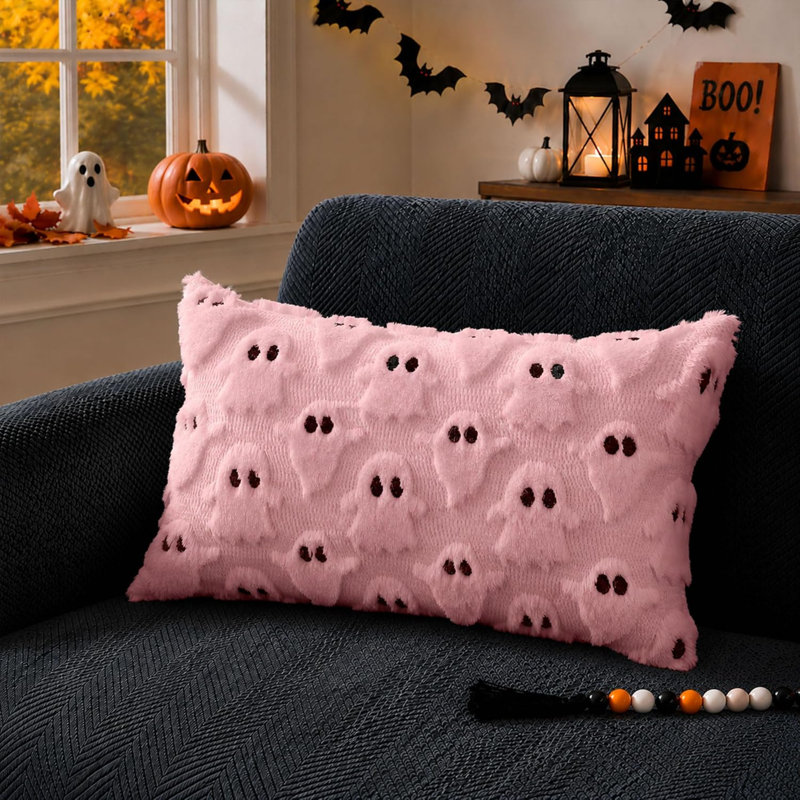 Housses de coussin d'Halloween 30x50 cm, fantôme rose en peluche, décoration d'Halloween 095C12, taies d'oreiller douces en fausse fourrure, pour fauteuil, canapé, chambre, salon, décoration de l'Action de grâce