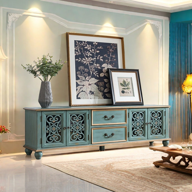 Meuble télé de style méditerranéen, Bleu / doré, 78.74"