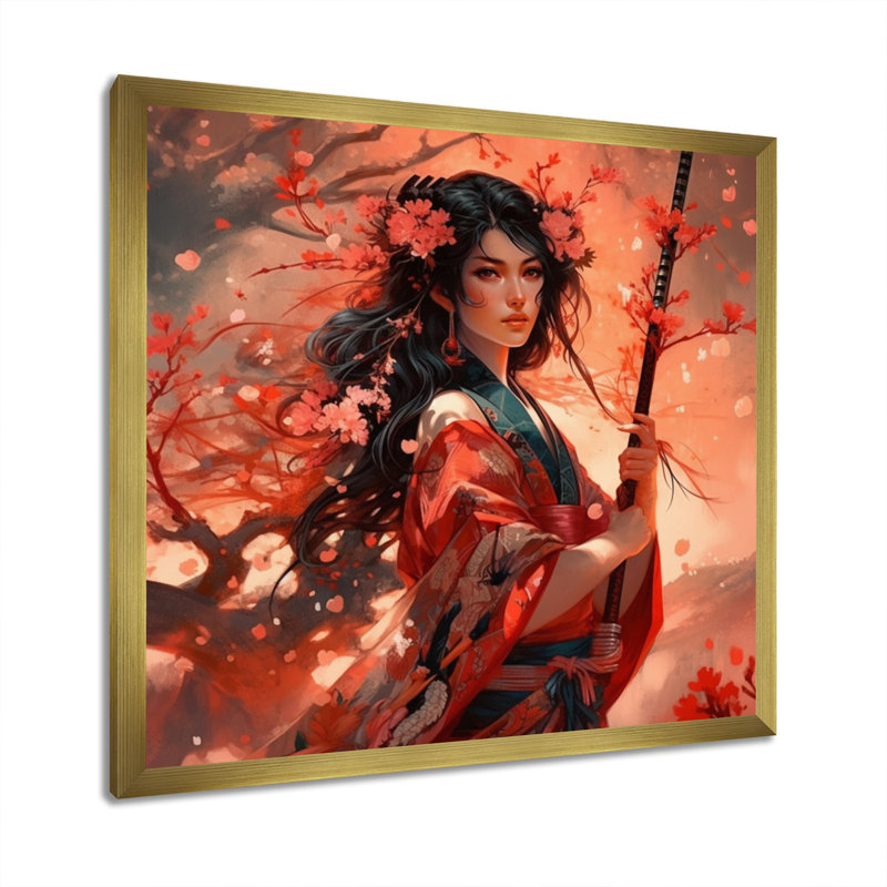 Beauté florale de Samouraï I, H 30 po x l 30 po x P 1 po, Toile avec cadre flottant or