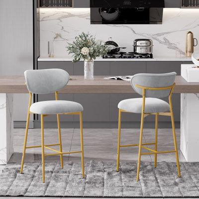 Ensemble de 2 tabourets de bar, tabouret de comptoir ergonomique moderne en velours avec dossier, chaises de bar confortables avec pieds en métal doré thermolaqués