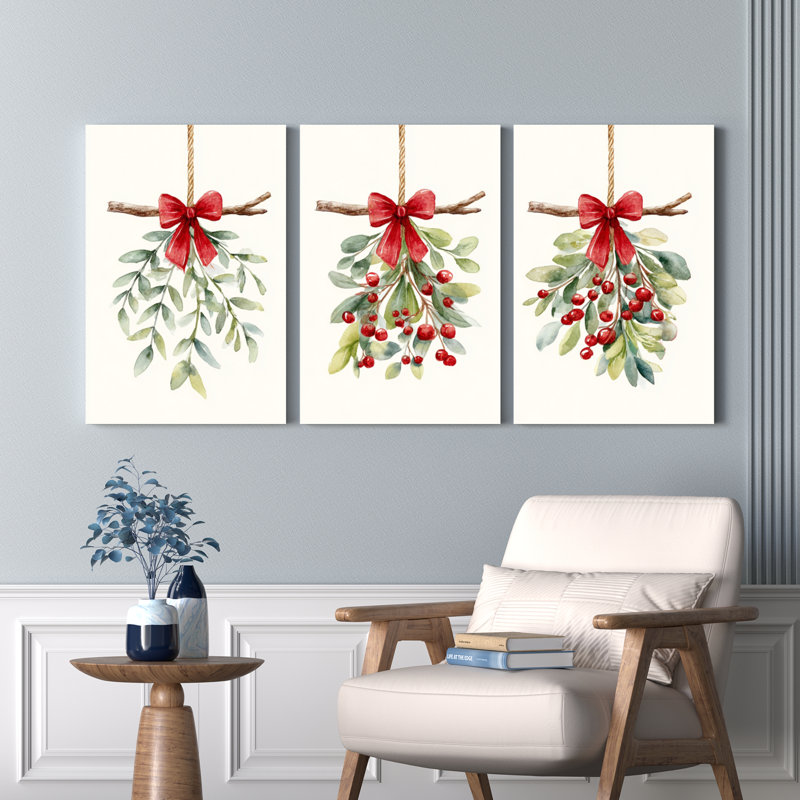 Mistletoe and Berries, aquarelle de Noël, ensemble d'art mural sur toile tendue de 3 pour les fêtes, H 30 po x l 60 po