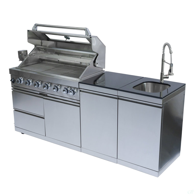 Barbecue de cuisine de 82 pouces à 6 brûleurs et 85 000 BTU de luxe en acier inoxydable avec barbecue et rôtissoire + comptoirs en granite + armoires et tiroirs de rangement + évier / robinet en acier inoxydable