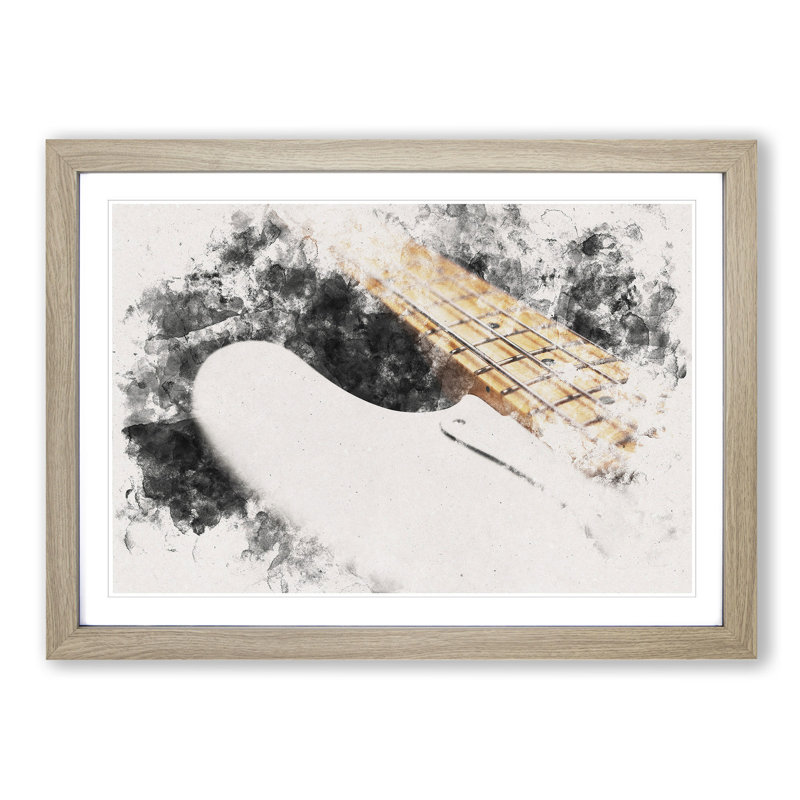 Strings of a White Bass Guitar - Picture Frame Graphic Art Print, 24cm H x 33cm W x 2cm D, Oak Framed