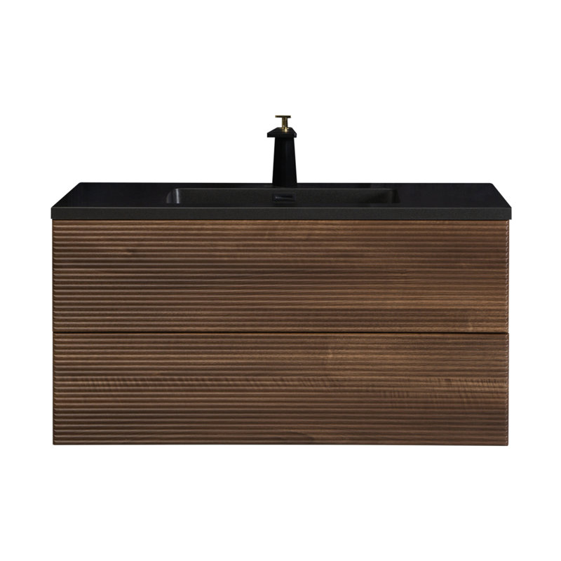 Canal 40 po L x 19 po P 2 tiroirs Meuble-lavabo mural avec évier simple et Comptoir en Polymarbre blanc, Noir