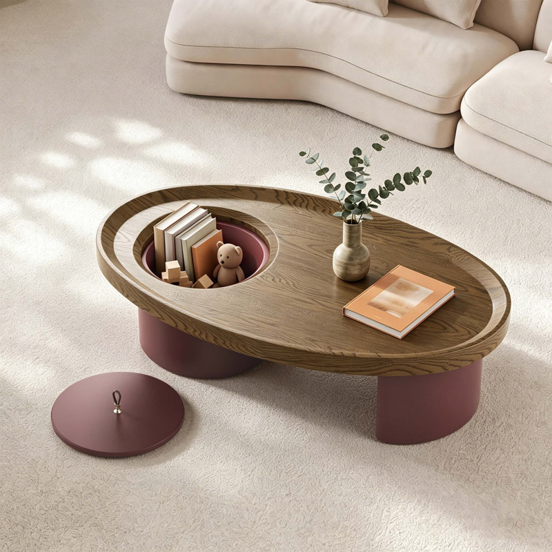 Table basse ovale en bois avec rangement 45,3 po, plateau en noyer avec pieds rouges, table de salon Mid-Century moderne, mobilier d'appoint de style campagnard pour grands espaces, assemblage facile