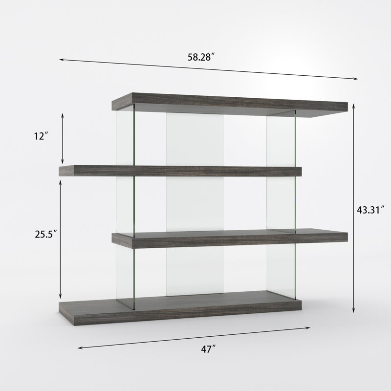 Bibliothèque moderne géométrique à 4 niveaux de 58,3 pouces de large avec supports en verre