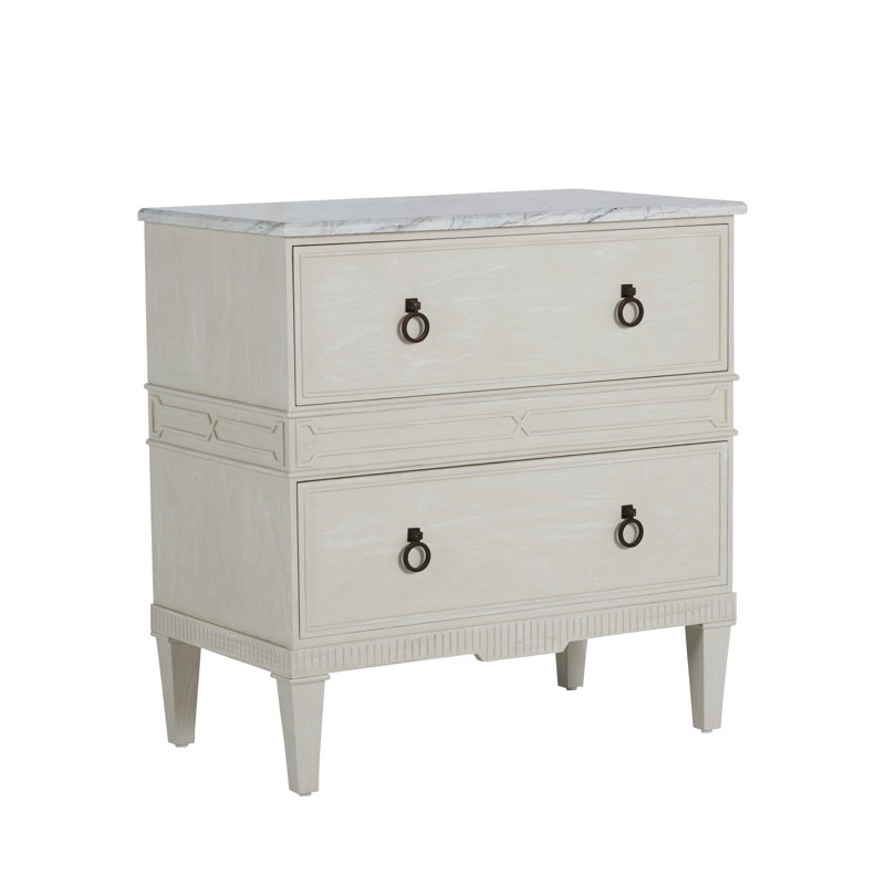 Archie 2 - Drawer Solid Wood Nightstand in Cerused White/Agros White Stone/Antique Bronze
