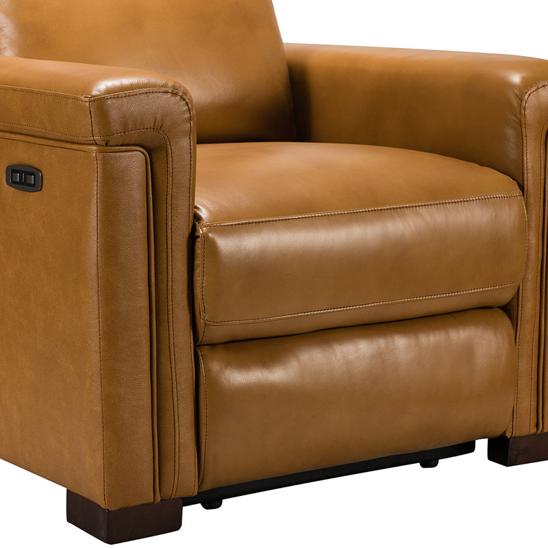 Fauteuil inclinable électrique en cuir véritable avec pieds en bois massif 36,02 po Adela, Cuir véritable chameau