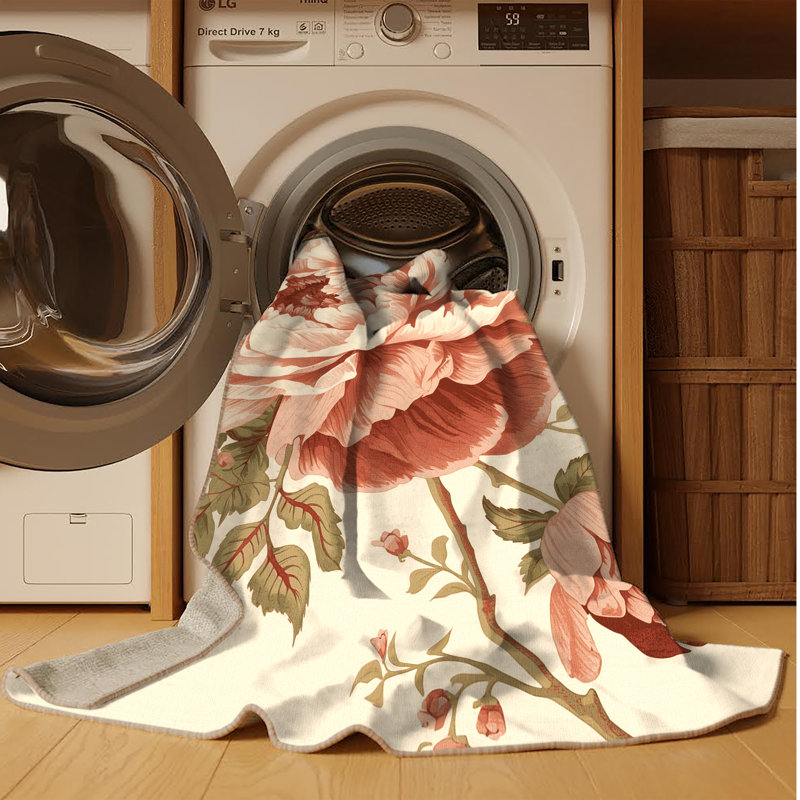 Tapis beige français à motif de pivoines lavables à la machine - reliure beige, Carré 3 pi