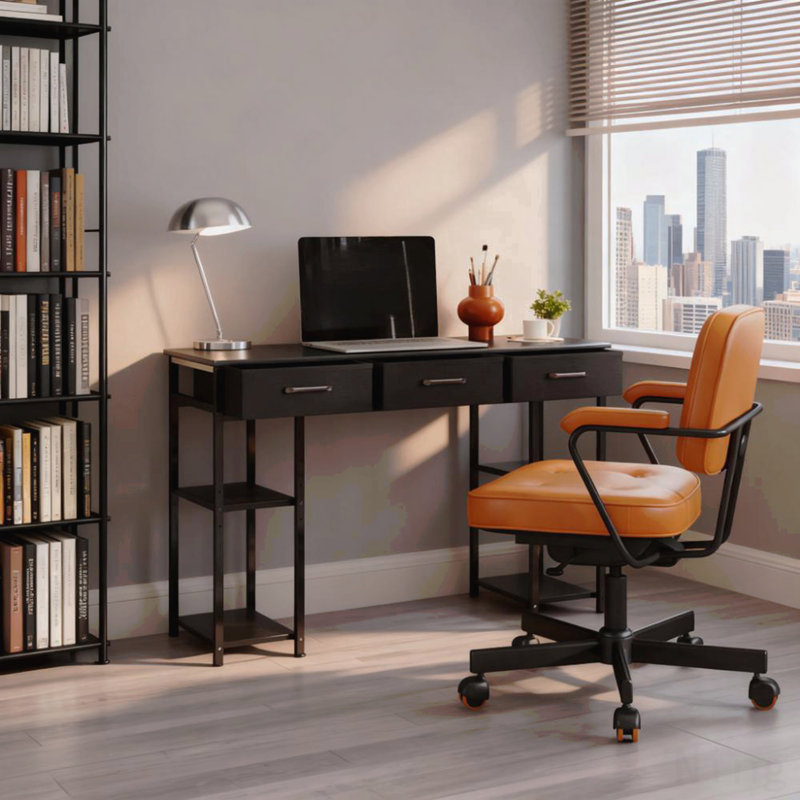 Petit bureau d'ordinateur, bureau d'écriture avec tiroirs en tissu, pour la maison et le bureau, Black