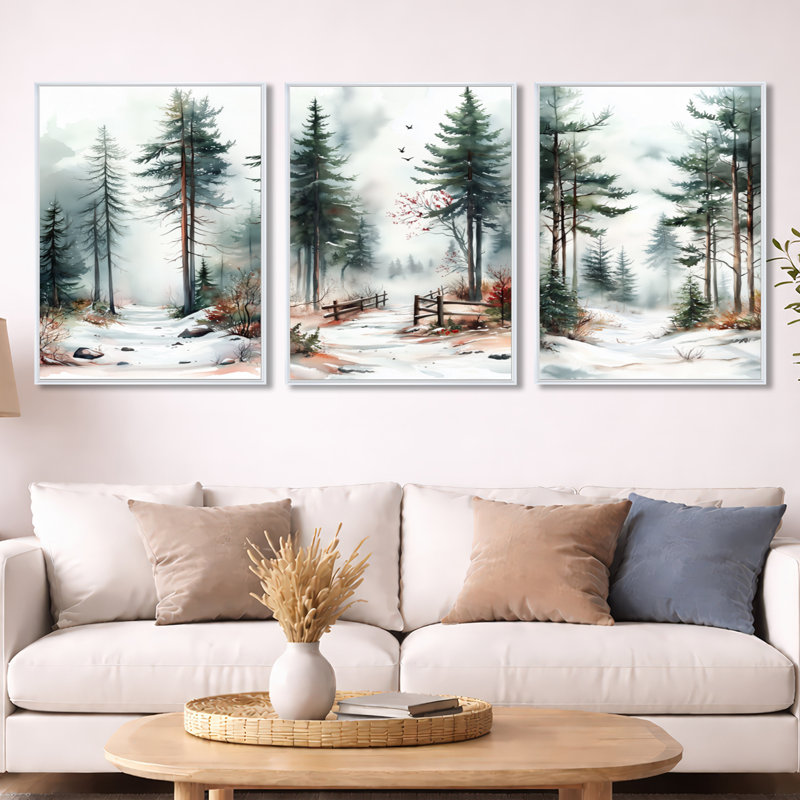 «Snowy Pine Tree Forest Path», ensemble d'art mural encadré 3 pins, White Floater Framed, 32" H x 72" W