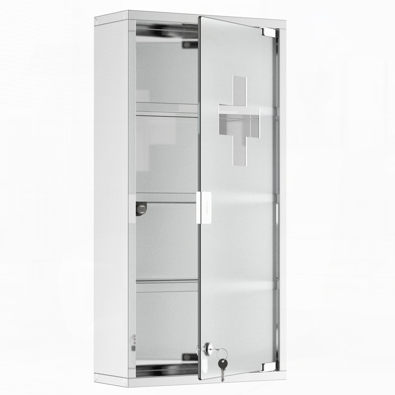 kleankin Wall Mounted Medicine Cabinet, Locking Wall Cabinet with 4 Tier Shelves, Stainless Steel Frame and Glass Door, Lockable with 2 Keys, Silver, 12" x 24"
