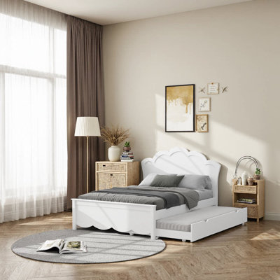 Lit plateforme élégant en bois pleine grandeur avec tête de lit et lit gigogne simple - blanc