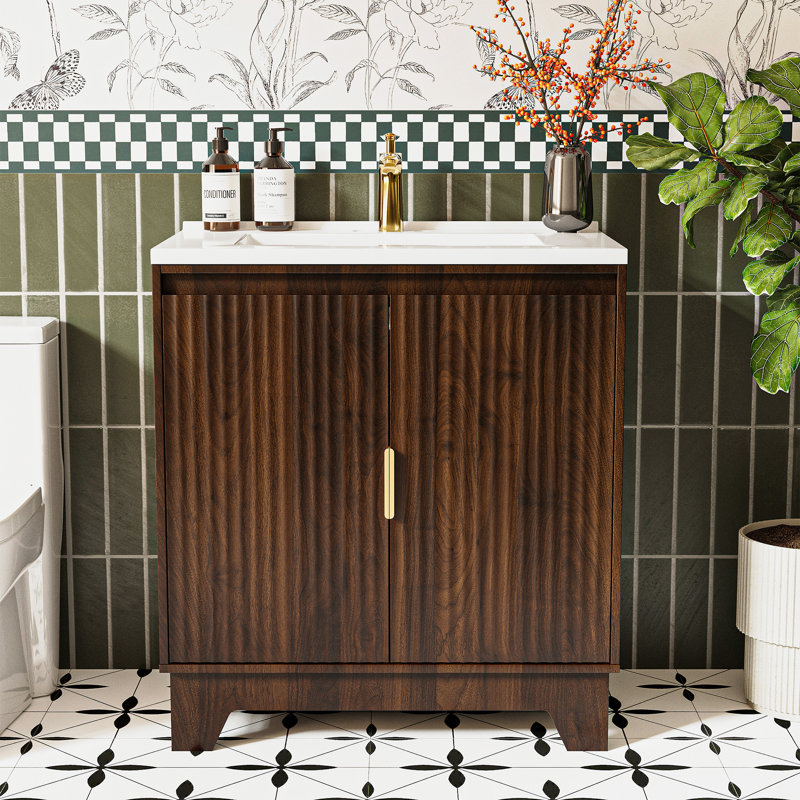 Meuble-lavabo autoportant de 79 cm (31 pouces) avec lavabo en résine, portes ondulées à motif cannelé, double compartiment de rangement, meuble de rangement en bois, couleur noyer brun