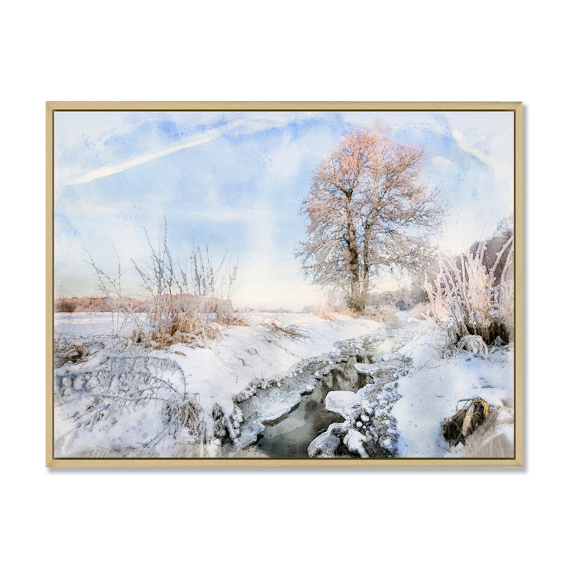 Winter Morning River Banks - Décoration murale traditionnelle sur toile, H 36 po x l 24 po x P 1 po, Cadre flottant brun