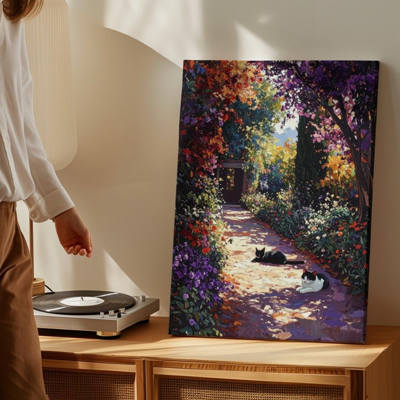 Impression sur toile, impression de jardin, chemin de jardin impressionniste, chat et floraison, sentier floral, prêt à être accroché à la galerie