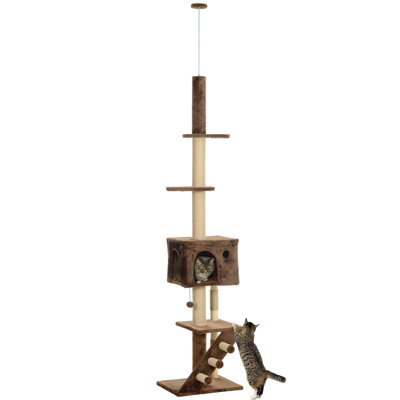 Floor to Ceiling Cat Tree Cat Tower, Adjustable Height 89"-104" with Cat Condo, Scratching Posts, Perches, 3-Steps, Hanging Ball & Anti-Tip Kit, Cat Tree Tower for Large Adult Cat, Brown