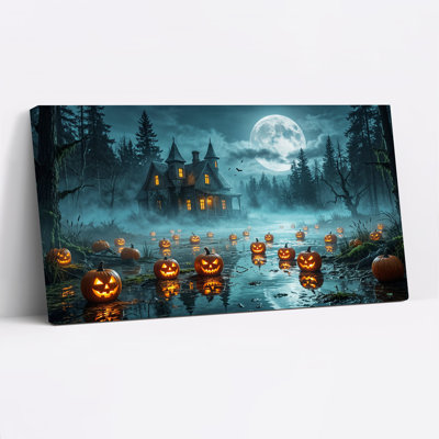 Toile brillante «Jack O Lanterns Near Haunted House Under Halloween»