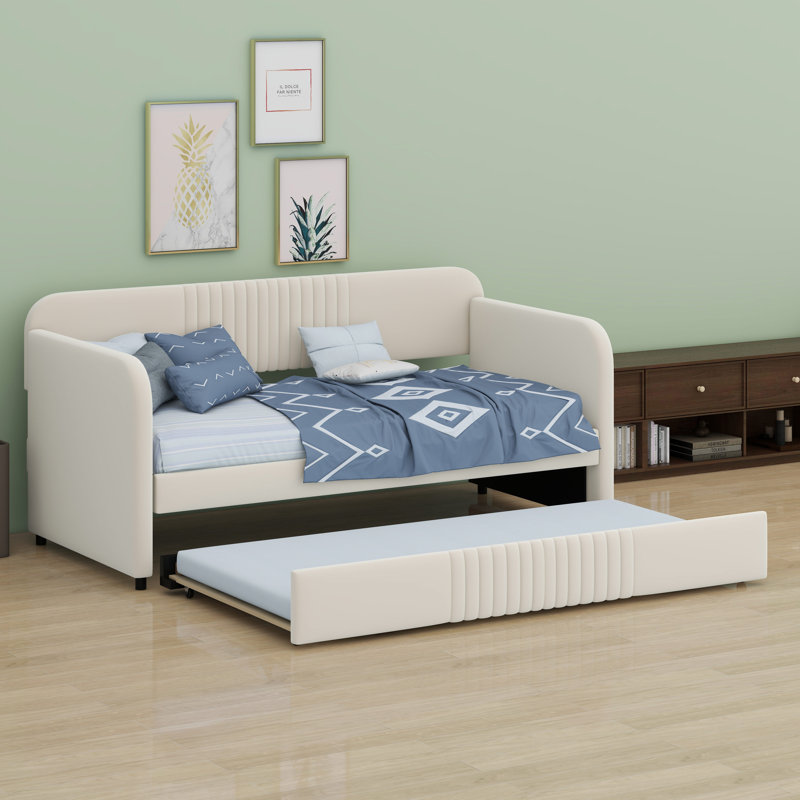 Upholstered Daybed Sofa Bed With Trundle Bed, Beige