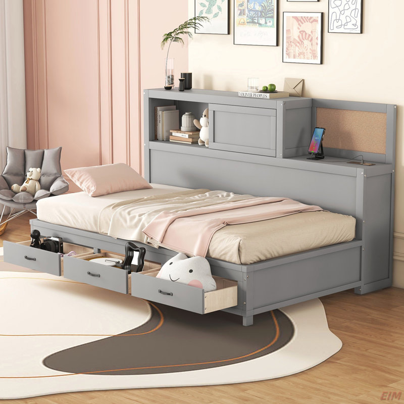 Wooden Daybed With 3 Storage Drawers, Upper Soft Board, Shelf, And A Set Of Sockets And USB Ports (Daybed), Gray, Twin