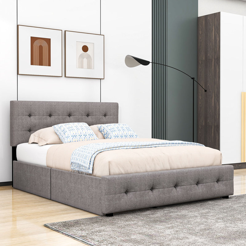Vangelica Queen 2 Drawers Upholstered Platform Bed with Twin XL Size Trundle, Light Gray