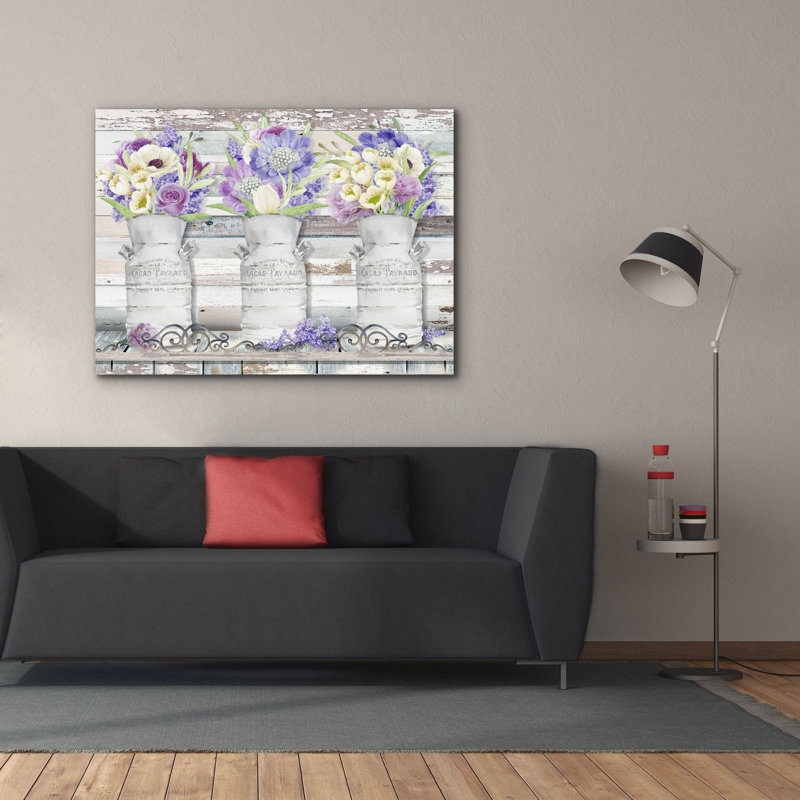 «Milk Cans With Florals A» par Jean Plout, art mural sur toile, H 40 po x l 54 po x P 1,5 po