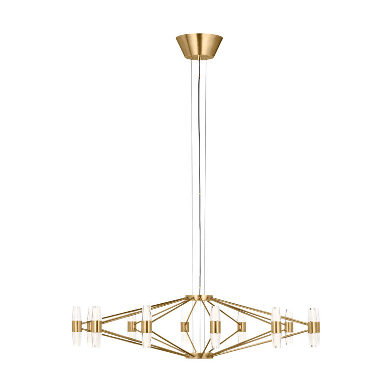 Sean Lavin Lassell large chandelier in natural brass finish with crystal glass shades, Hand Rubbed Antique Brass