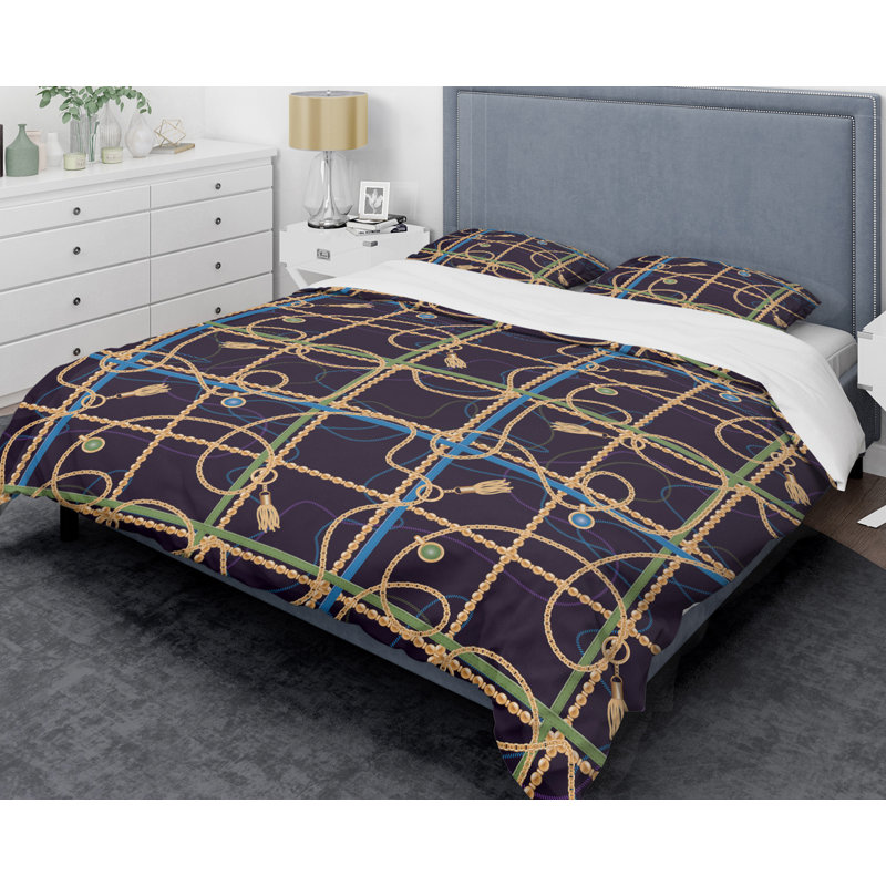 Ensemble de housse de couette de chaîne tendance de style mid-century, Housse de couette très grand + 2 taies décoratives