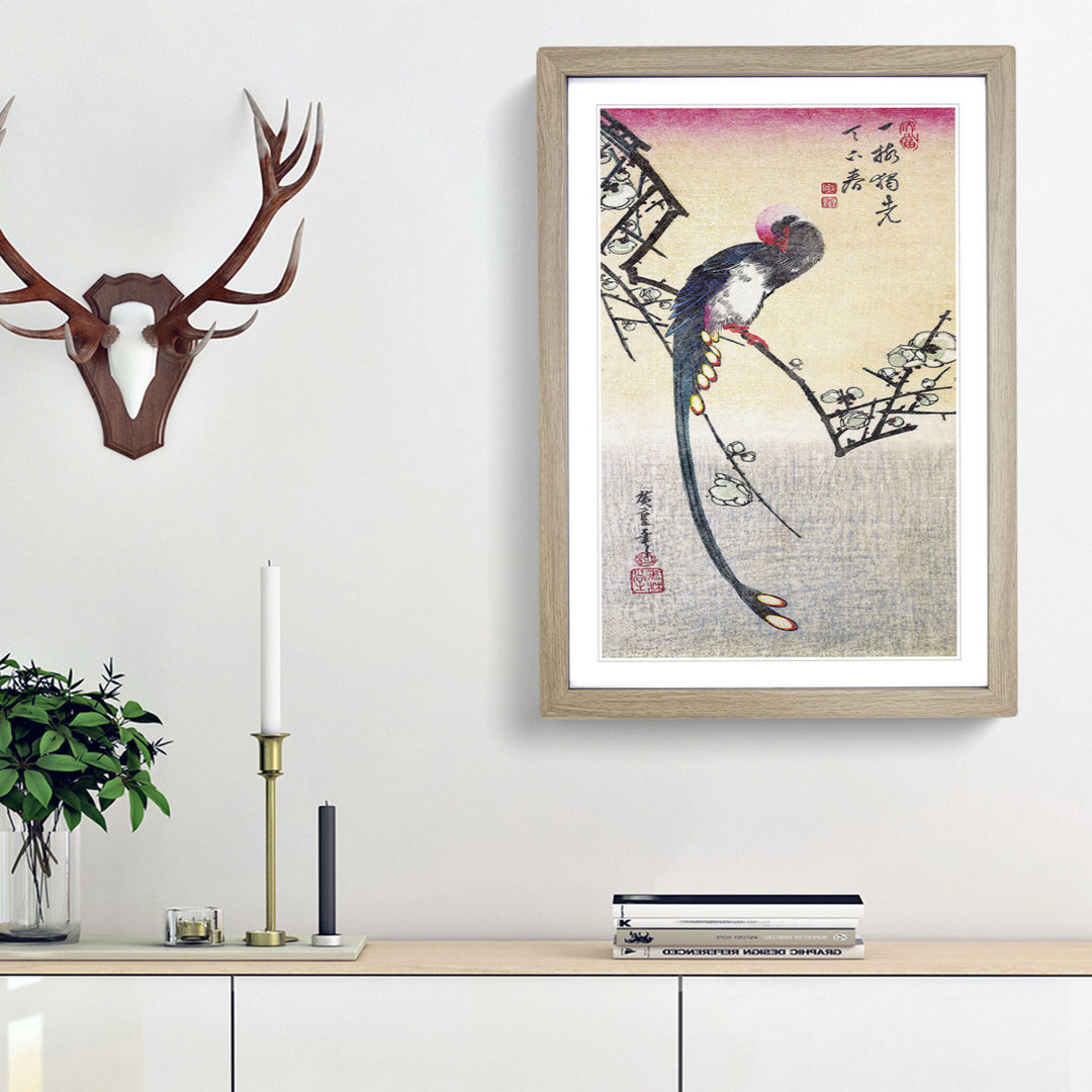 A Bird on a Plum Branch by Utagawa Hiroshige - Framed Print