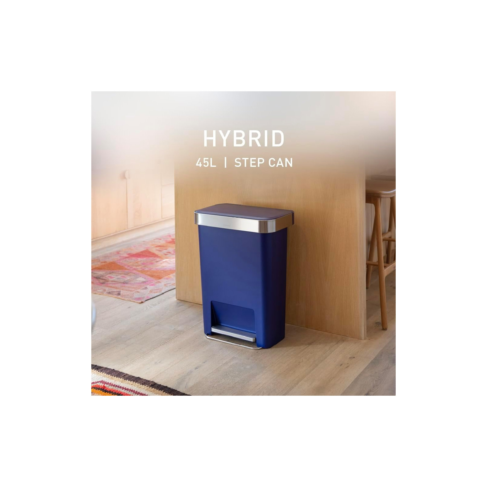 Simplehuman 45 Liter / 12 Gallon Rectangular Kitchen Step Trash Can with Soft-Close Lid, Plastic, Indigo
