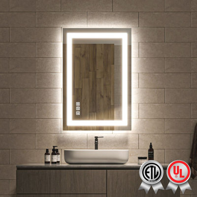 Waterpar ETL & UL Certified Backlit and Front Light Anti-Fog Frameless Rectangular LED Tempered Glass Wall Bathroom Vanity Mirror, 3 Adjustable Color Temperatures & Dimmable LED Bathroom Mirror